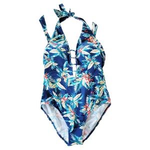 Hilor 16 One Piece‎ Swimsuit Women's XL Blue Tropical Halter Tie Padded Cups NWT